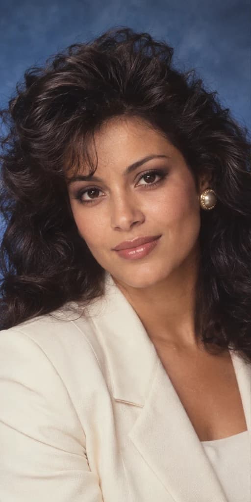 AI-created 80s studio demonstration with a cream blazer and mottled blue backdrop